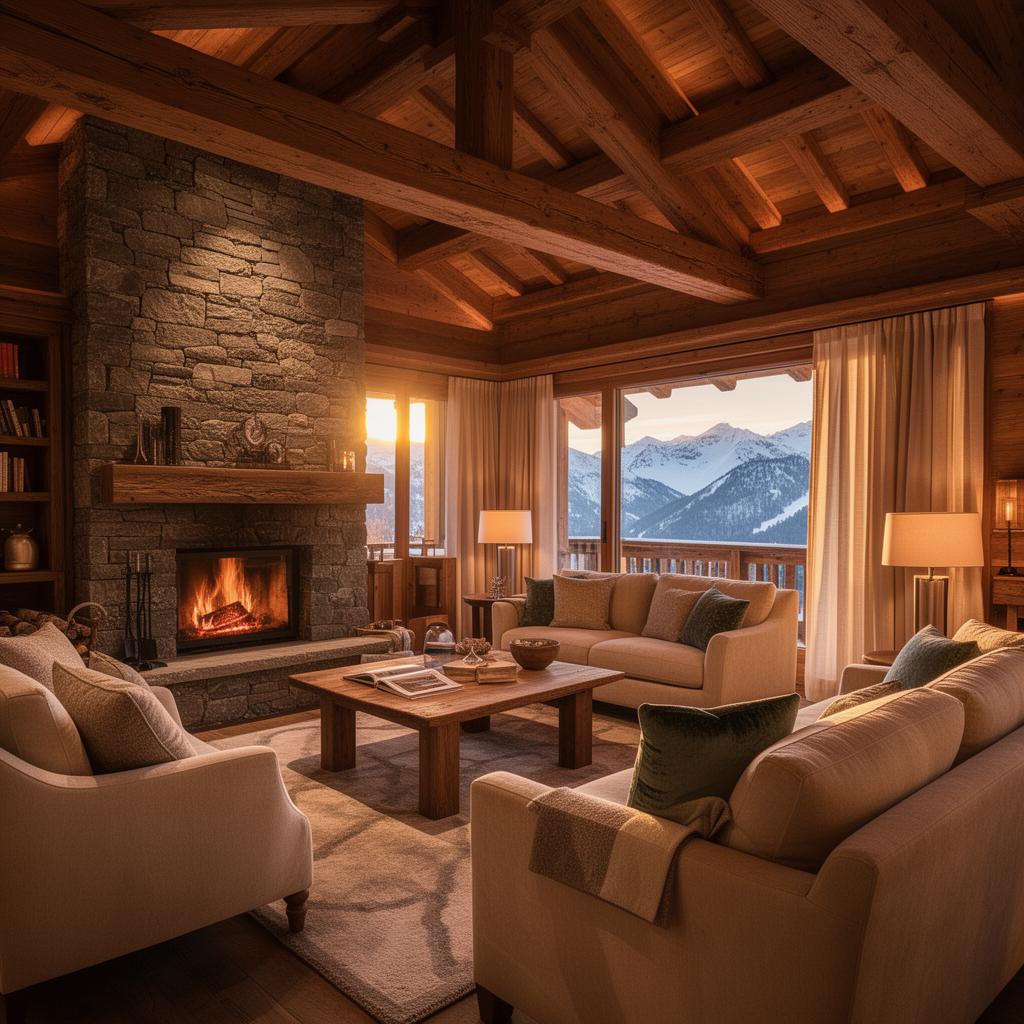 Intérieur chaleureux de chalet avec cheminée et vue montagne - gestion locative Yes Conciergerie