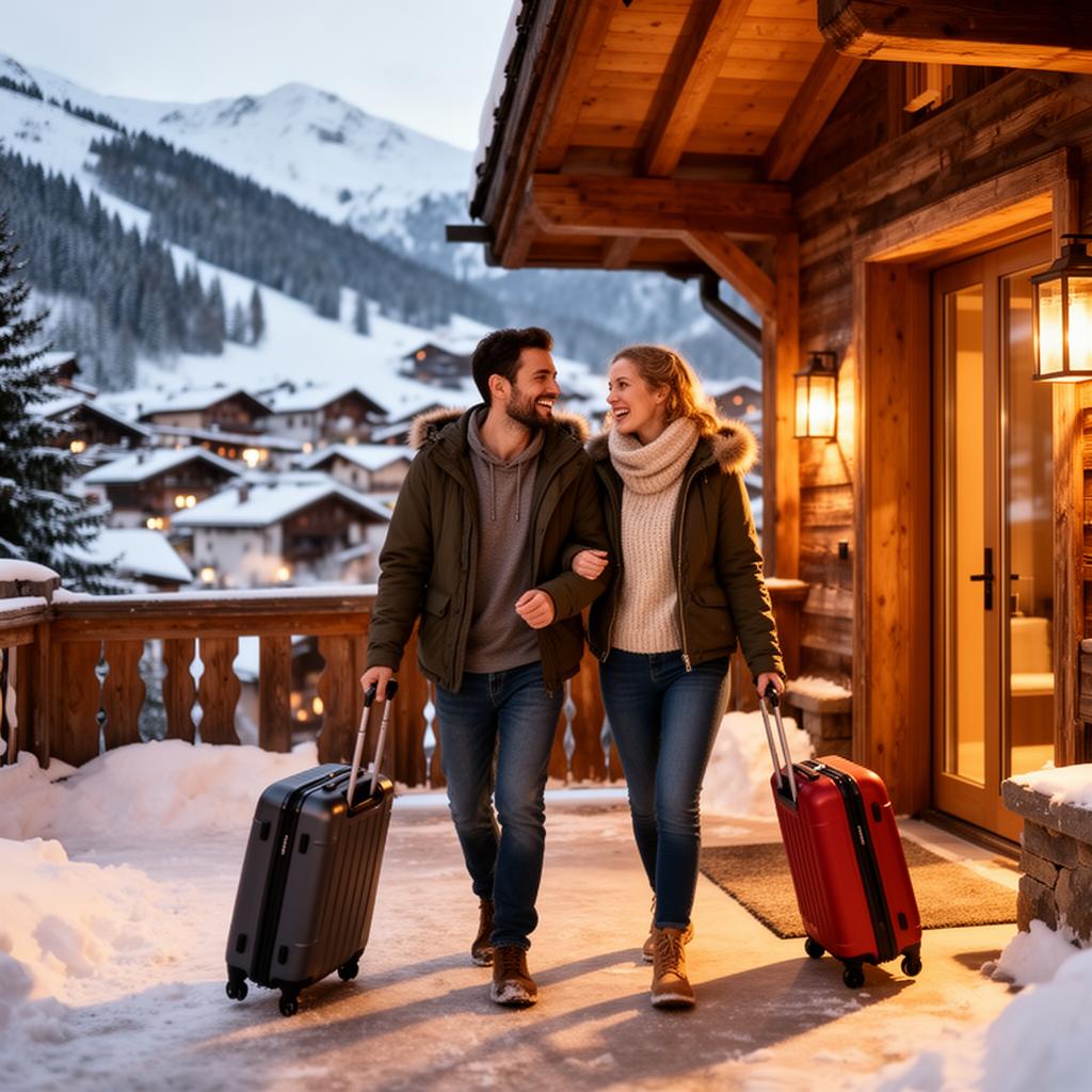 Couple arrivant devant un chalet en hiver - logements exclusifs Yes Conciergerie
